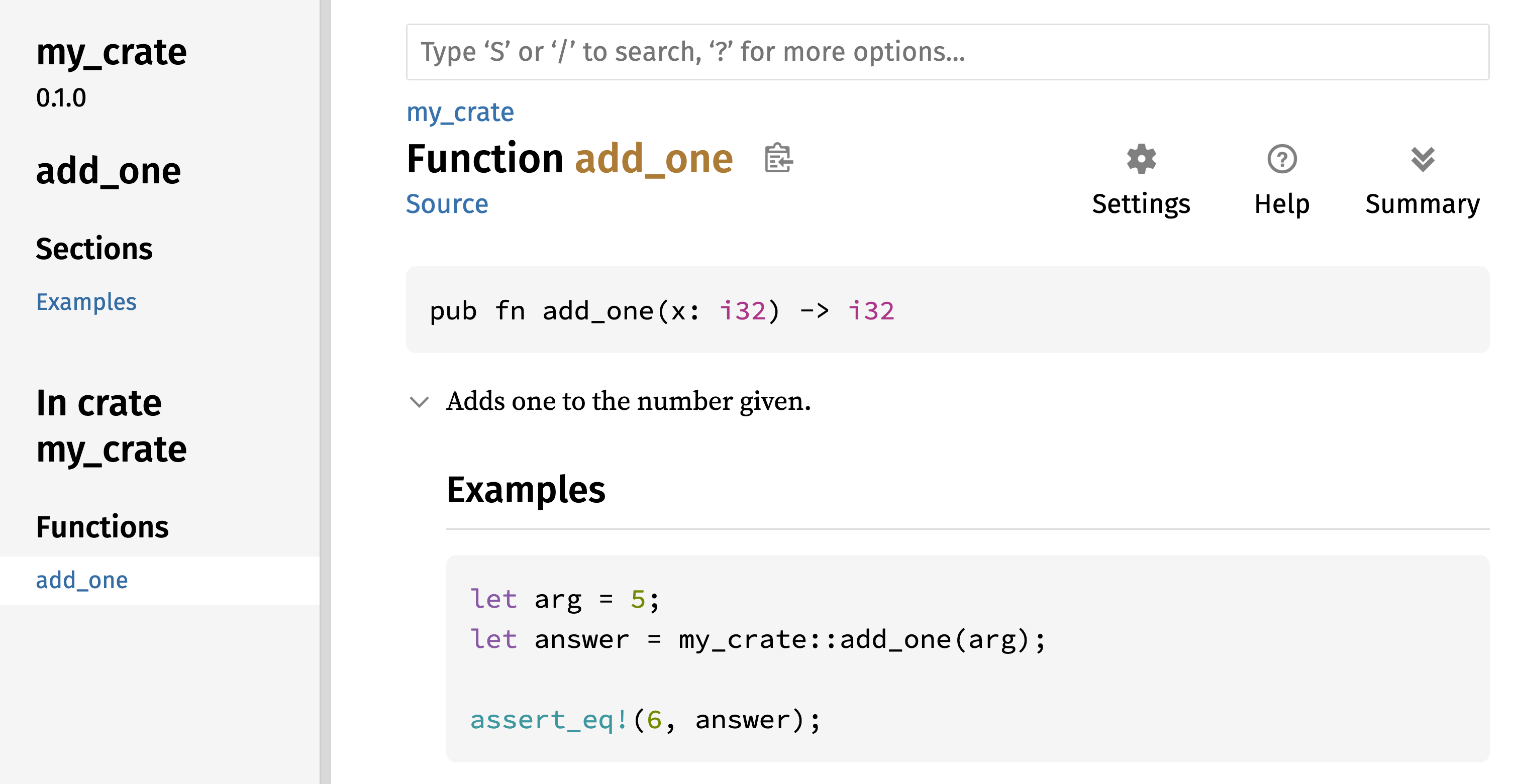 Отрисованная HTML-документация для функции `add_one` из `my_crate`